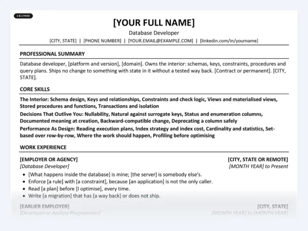 Database Developer resume template, one page, ATS-friendly layout