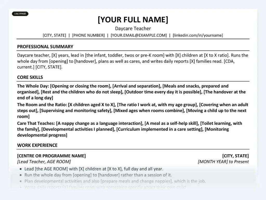 Daycare Teacher resume template, one page, ATS-friendly layout