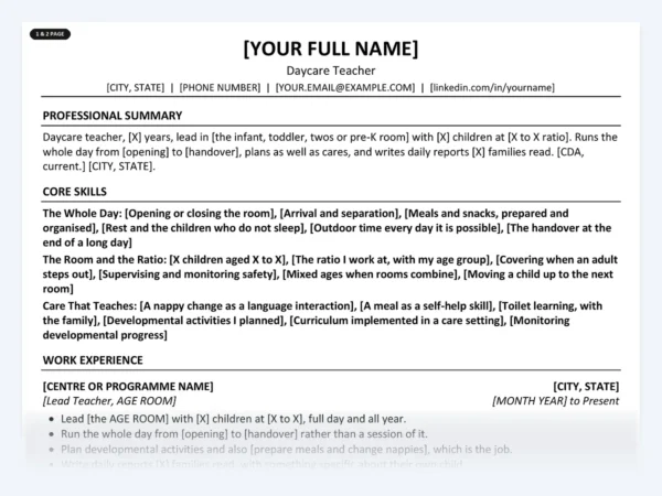 Daycare Teacher resume template, one page, ATS-friendly layout