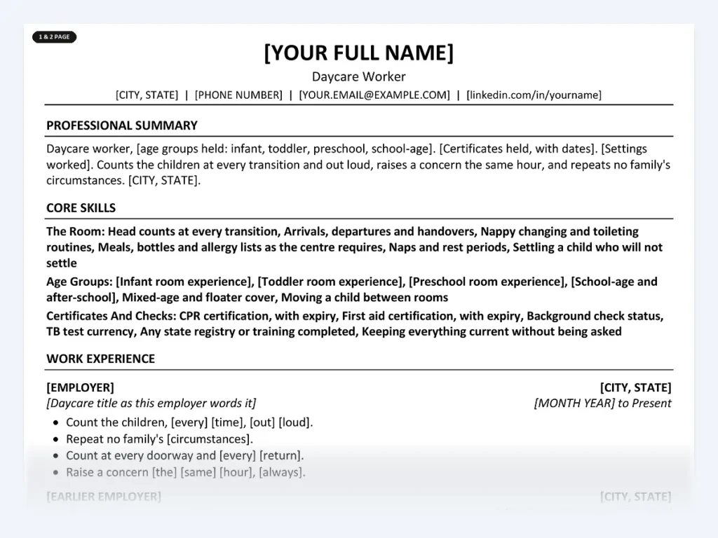 Daycare Worker resume template, one page, ATS-friendly layout