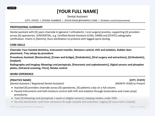 Dental Assistant resume template, one page, ATS-friendly layout