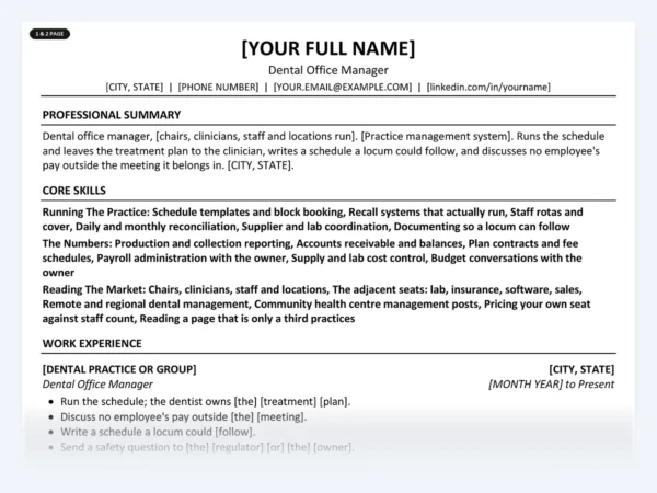 Dental Office Manager resume template, one page, ATS-friendly layout
