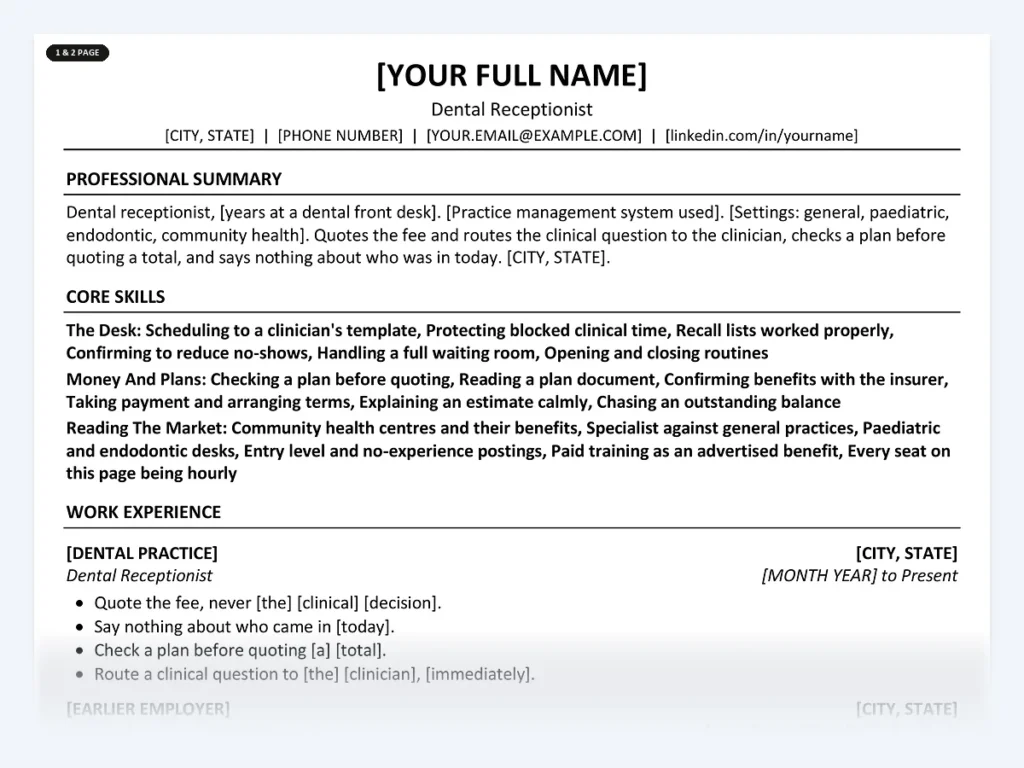 Dental Receptionist resume template, one page, ATS-friendly layout