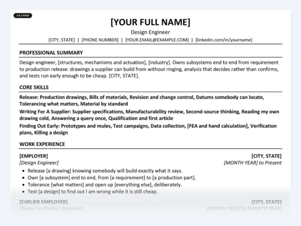 Design Engineer resume template, one page, ATS-friendly layout