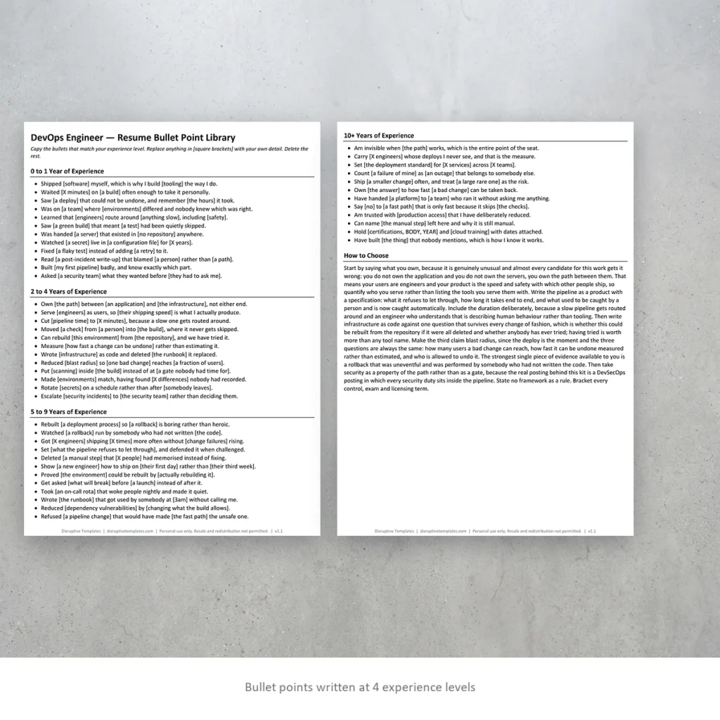 DevOps Engineer resume bullet points written at four experience levels