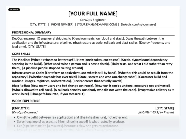 DevOps Engineer resume template, one page, ATS-friendly layout