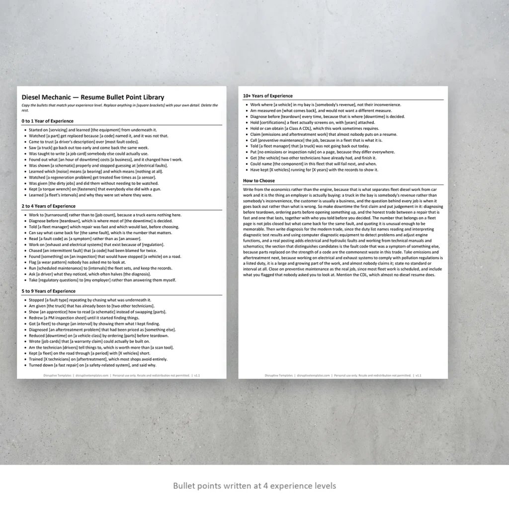 Diesel Mechanic resume bullet points written at four experience levels