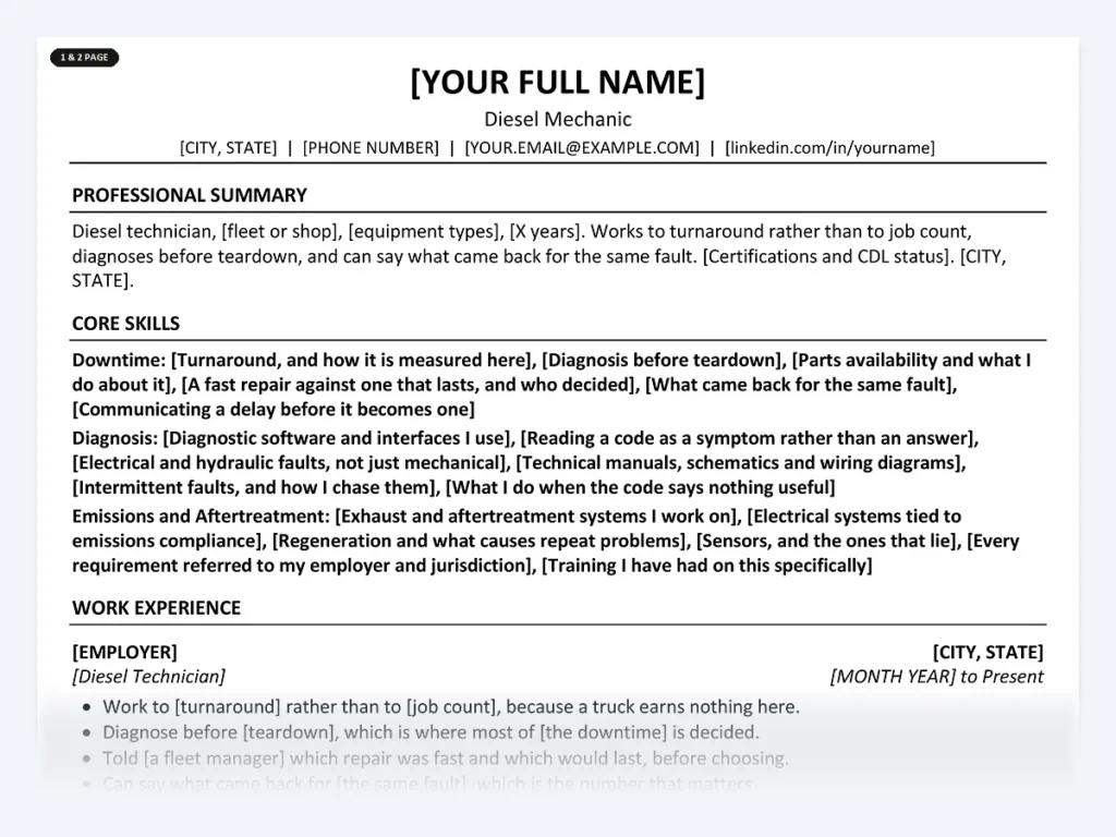 Diesel Mechanic resume template, one page, ATS-friendly layout