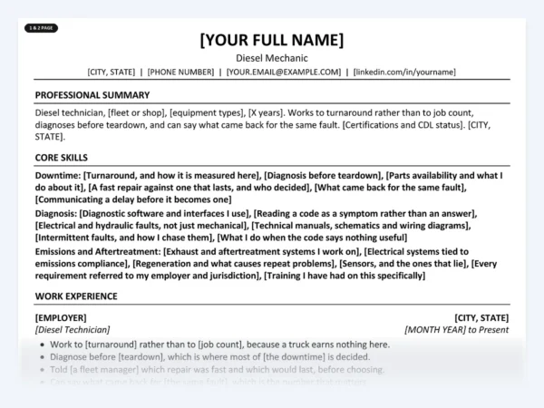 Diesel Mechanic resume template, one page, ATS-friendly layout