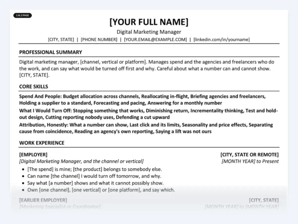 Digital Marketing Manager resume template, one page, ATS-friendly layout