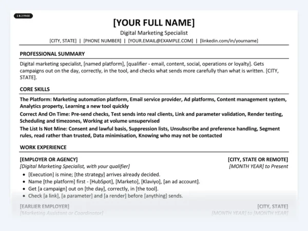 Digital Marketing Specialist resume template, one page, ATS-friendly layout
