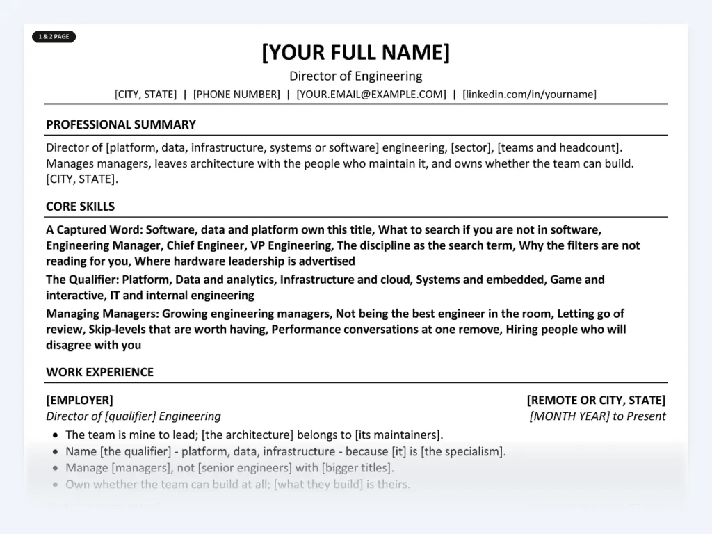 Director of Engineering resume template, one page, ATS-friendly layout