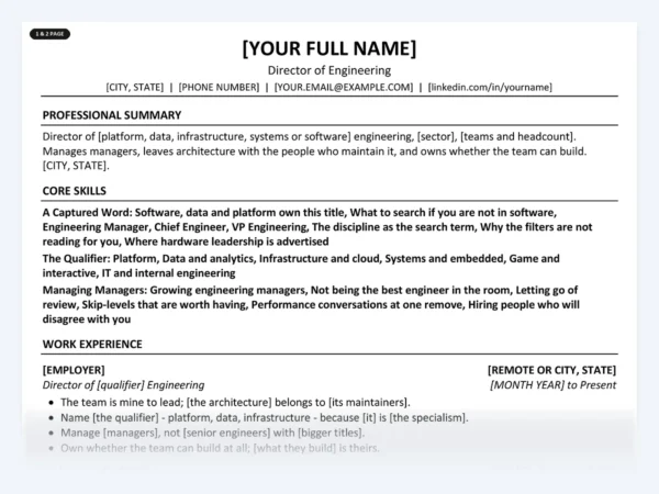 Director of Engineering resume template, one page, ATS-friendly layout