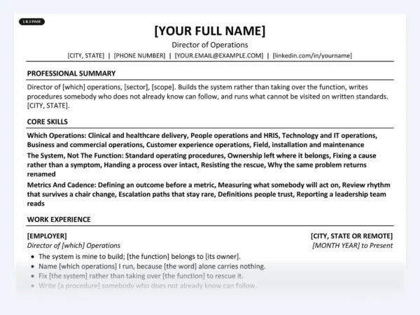 Director of Operations resume template, one page, ATS-friendly layout
