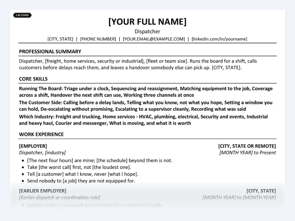 Dispatcher resume template, one page, ATS-friendly layout