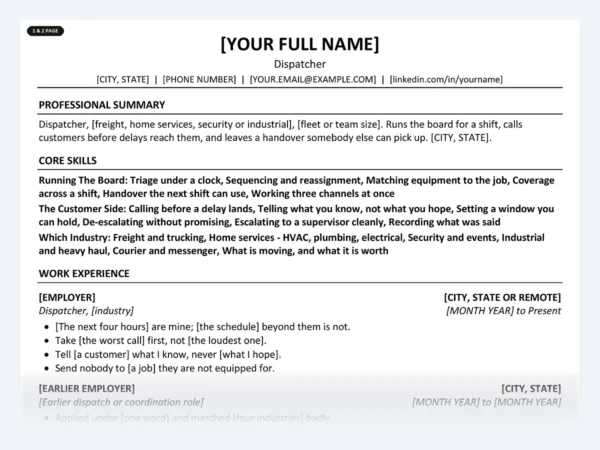 Dispatcher resume template, one page, ATS-friendly layout