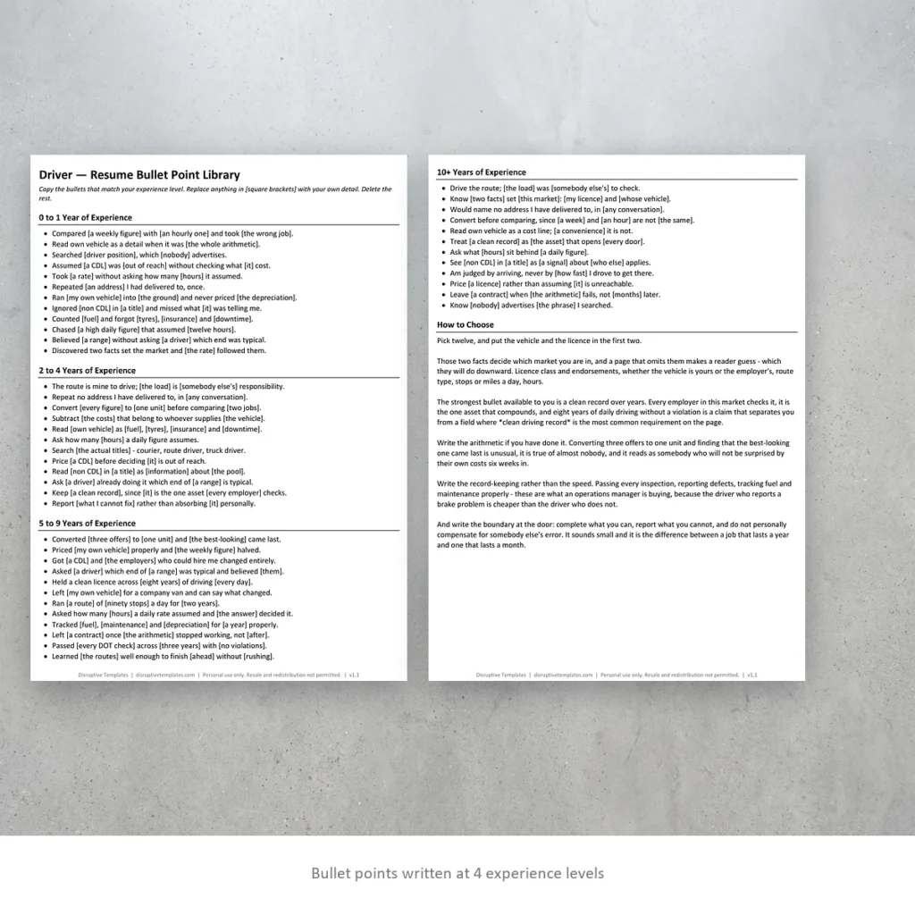 Driver resume bullet points written at four experience levels