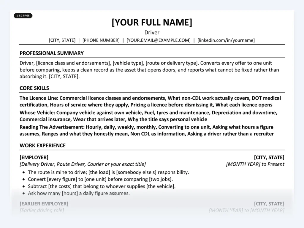 Driver resume template, one page, ATS-friendly layout