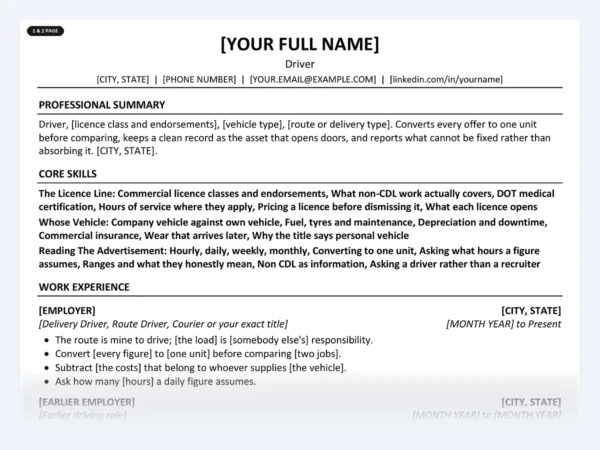 Driver resume template, one page, ATS-friendly layout