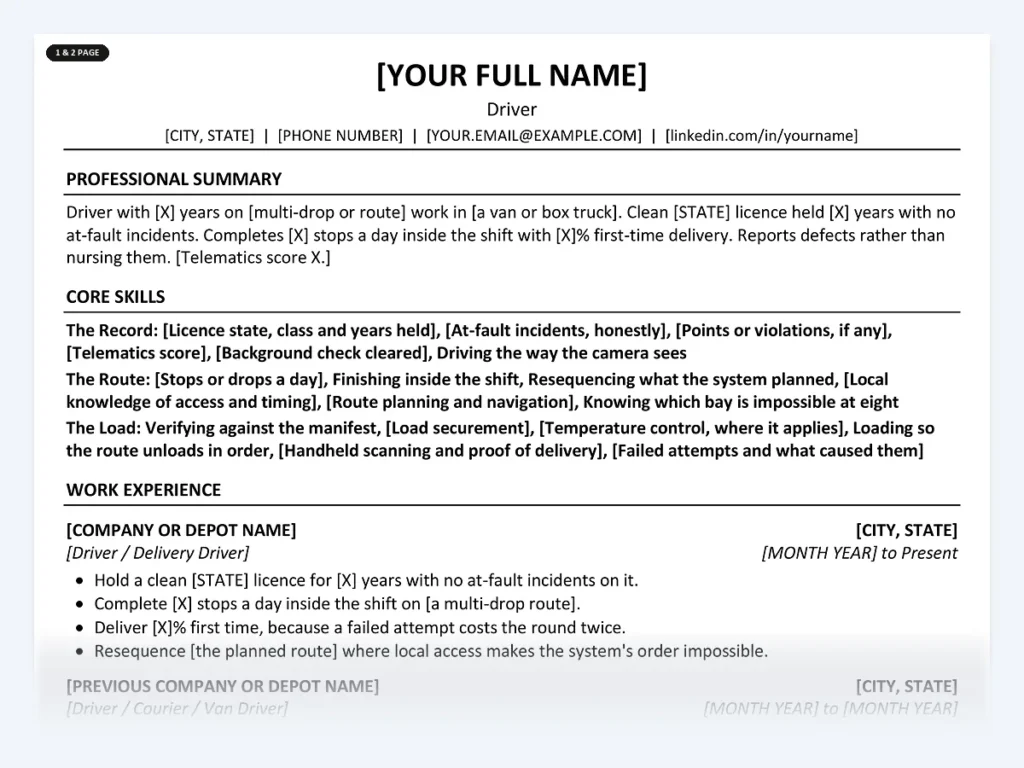 Driver resume template, one page, ATS-friendly layout