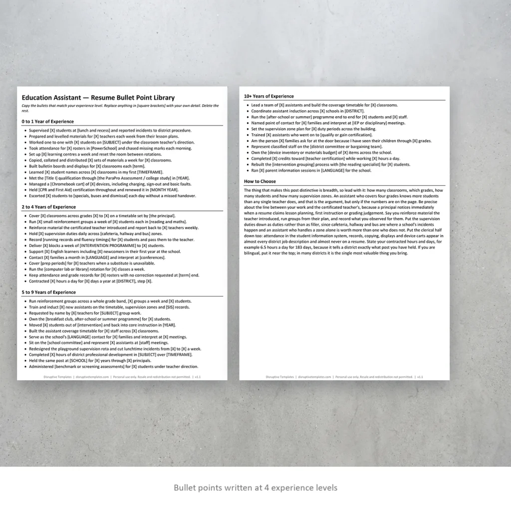 Education Assistant resume bullet points written at four experience levels