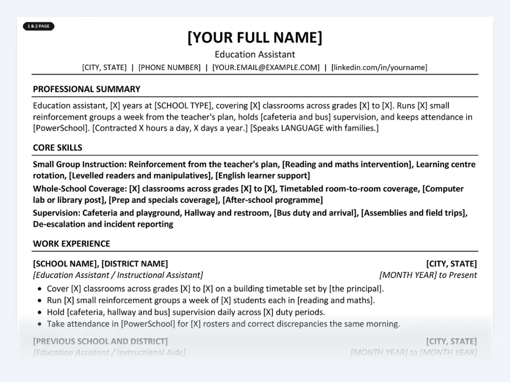 Education Assistant resume template, one page, ATS-friendly layout
