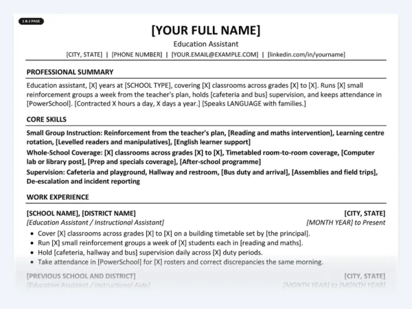 Education Assistant resume template, one page, ATS-friendly layout