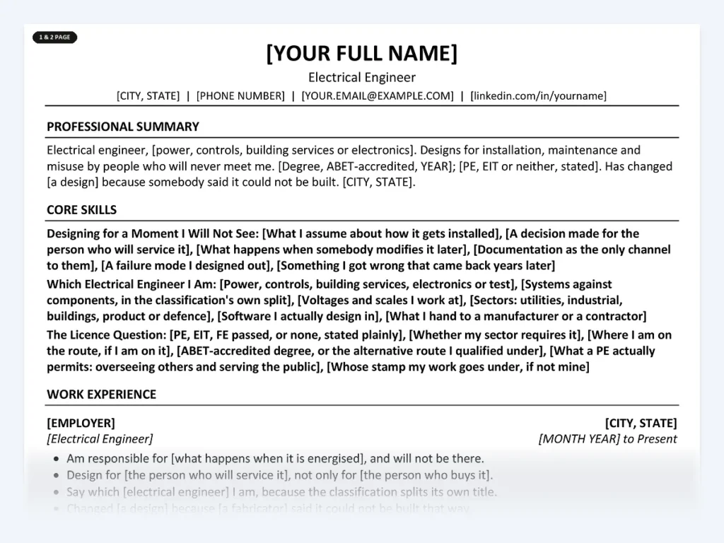 Electrical Engineer resume template, one page, ATS-friendly layout