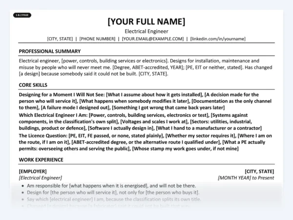 Electrical Engineer resume template, one page, ATS-friendly layout