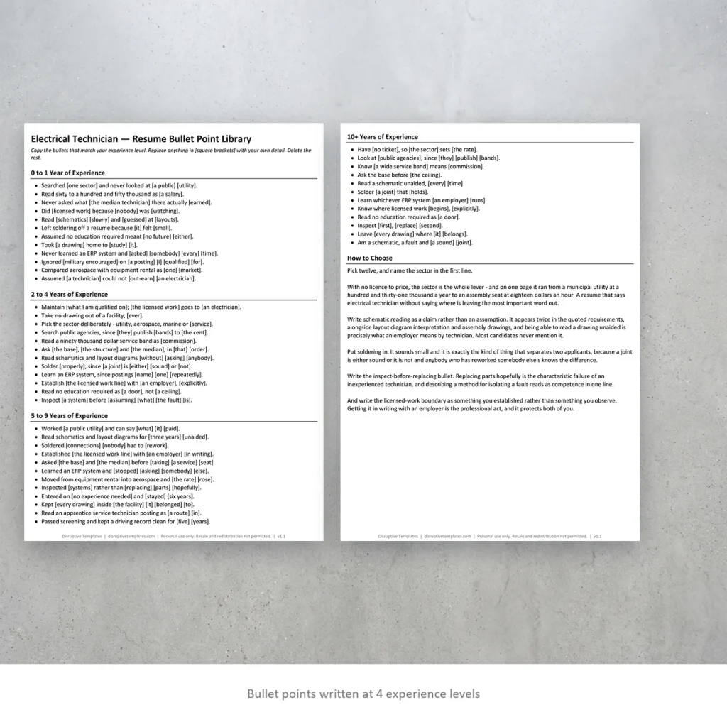 Electrical Technician resume bullet points written at four experience levels