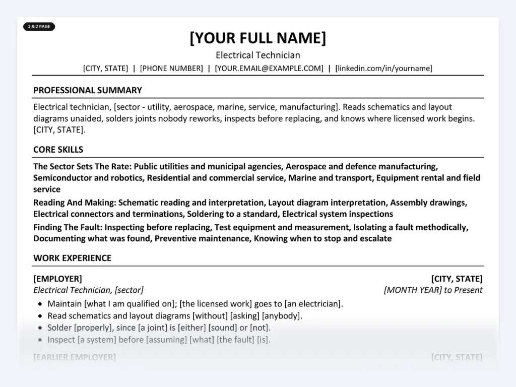 Electrical Technician resume template, one page, ATS-friendly layout