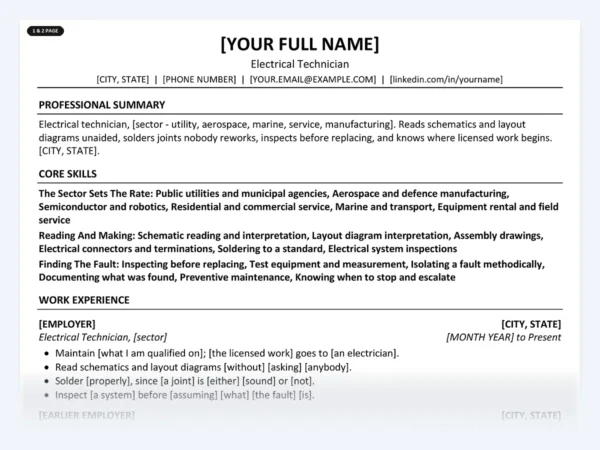 Electrical Technician resume template, one page, ATS-friendly layout