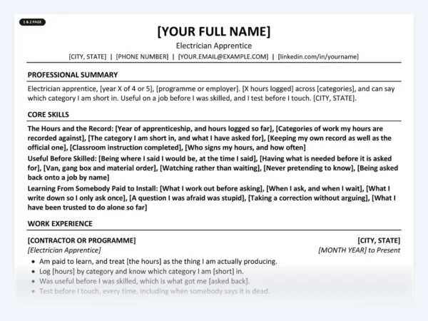 Electrician Apprentice resume template, one page, ATS-friendly layout