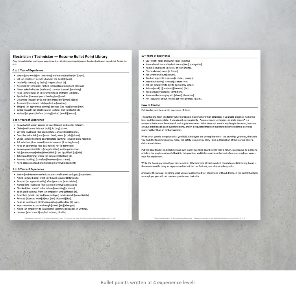 Electrician / Technician resume bullet points written at four experience levels