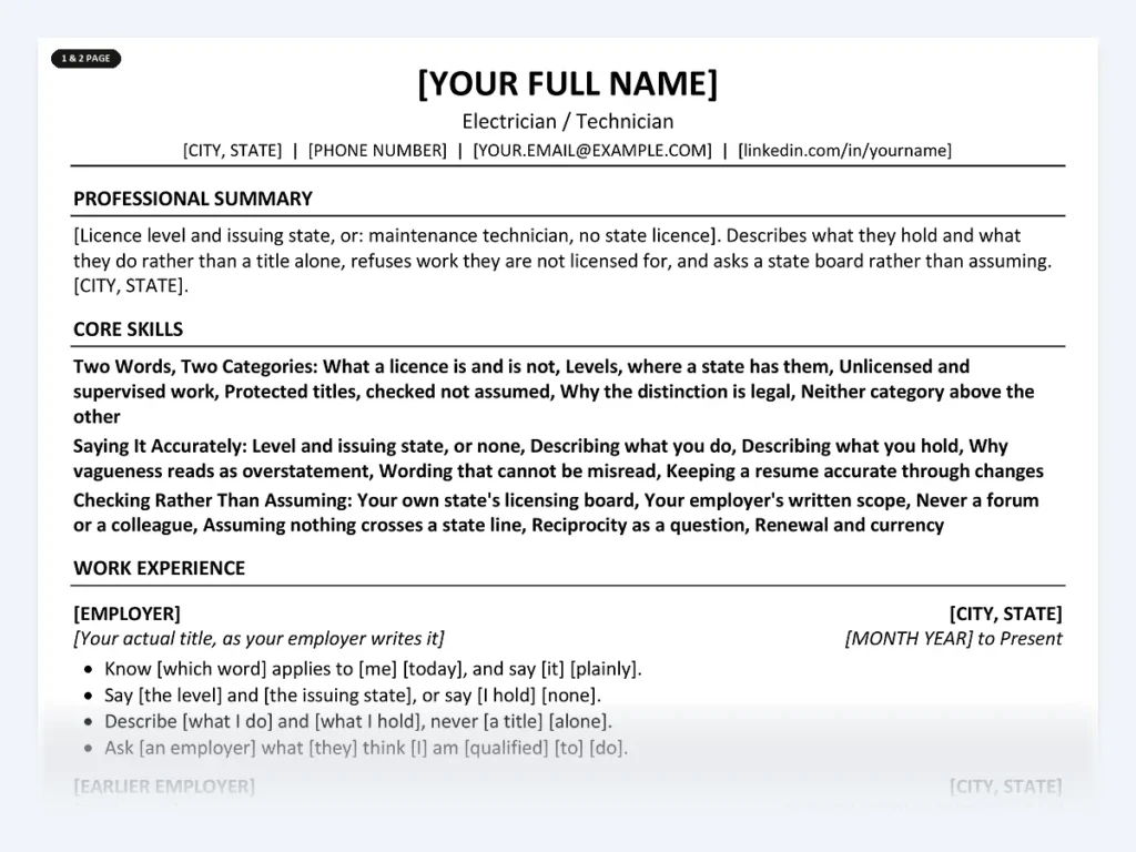 Electrician / Technician resume template, one page, ATS-friendly layout