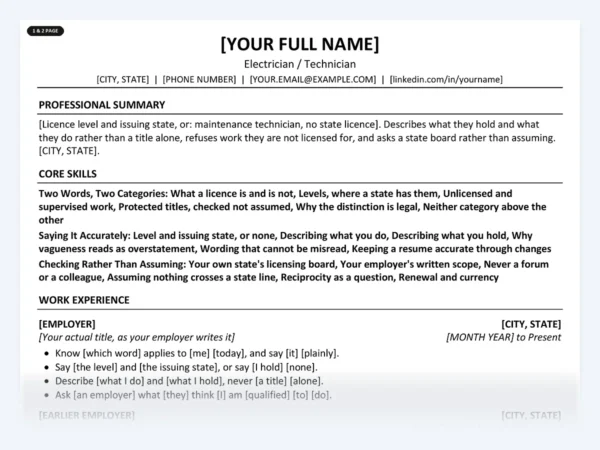 Electrician / Technician resume template, one page, ATS-friendly layout