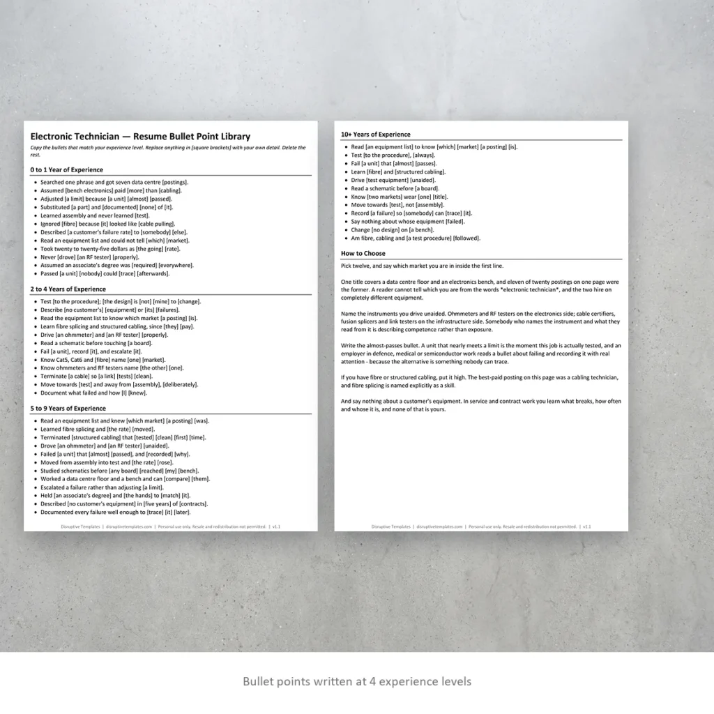 Electronic Technician resume bullet points written at four experience levels