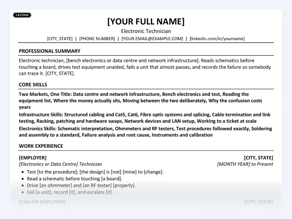 Electronic Technician resume template, one page, ATS-friendly layout
