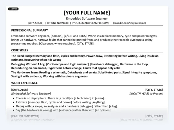 Embedded Software Engineer resume template, one page, ATS-friendly layout