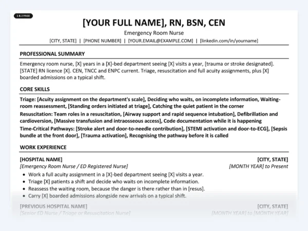 Emergency Room Nurse resume template, one page, ATS-friendly layout