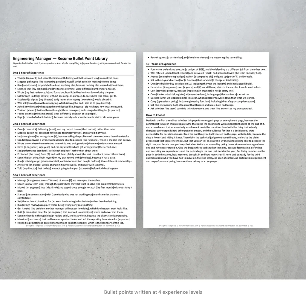 Engineering Manager resume bullet points written at four experience levels