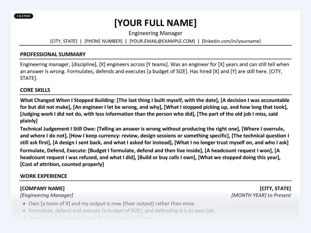 Engineering Manager resume template, one page, ATS-friendly layout