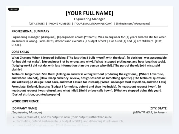 Engineering Manager resume template, one page, ATS-friendly layout