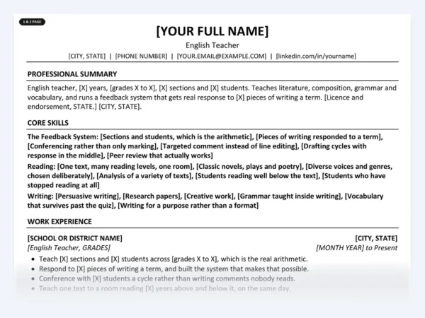 English Teacher resume template, one page, ATS-friendly layout