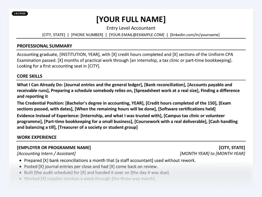 Entry Level Accountant resume template, one page, ATS-friendly layout