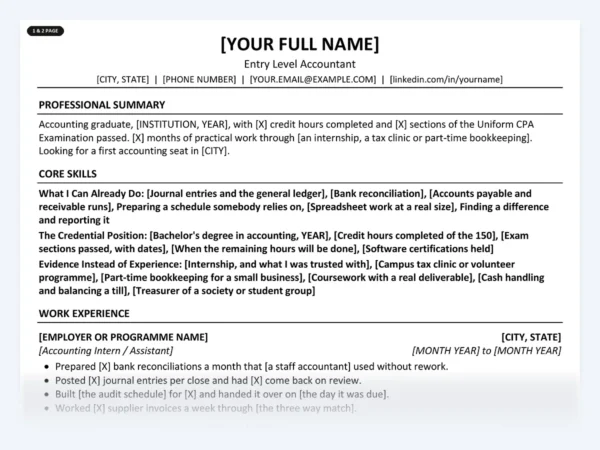 Entry Level Accountant resume template, one page, ATS-friendly layout