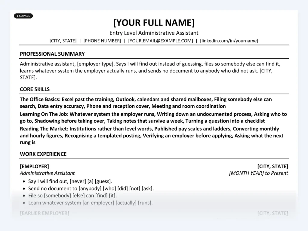 Entry Level Administrative Assistant resume template, one page, ATS-friendly layout