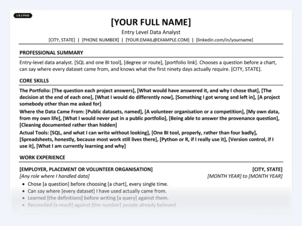 Entry Level Data Analyst resume template, one page, ATS-friendly layout