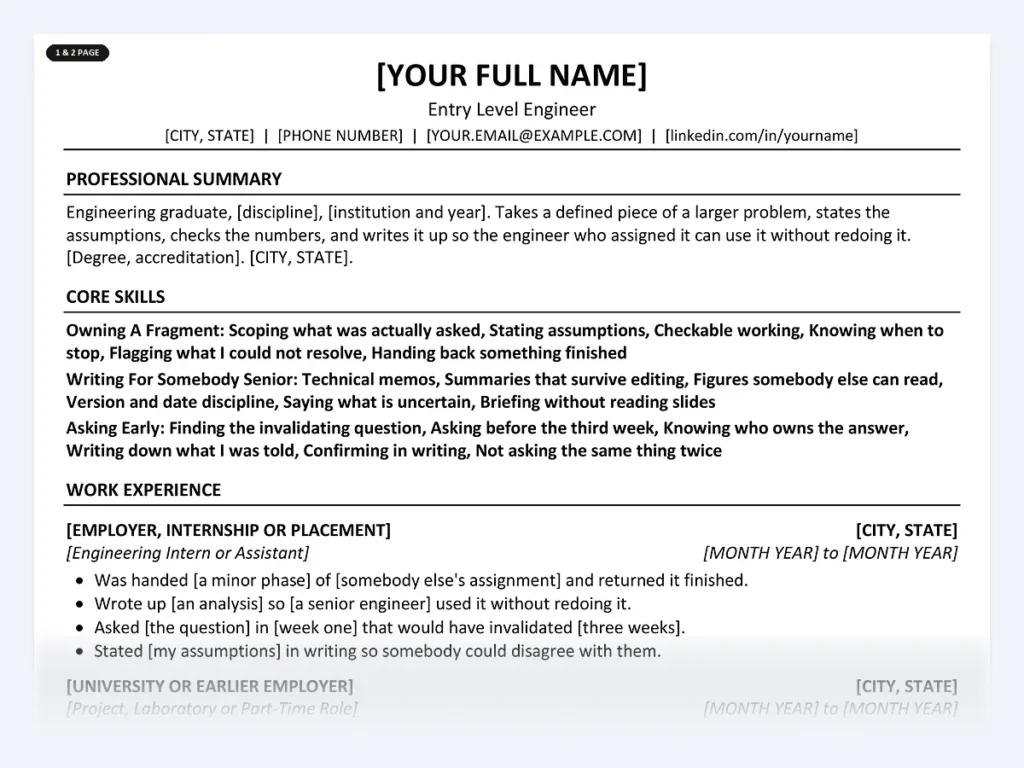Entry Level Engineer resume template, one page, ATS-friendly layout