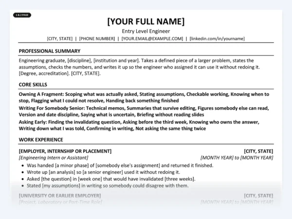 Entry Level Engineer resume template, one page, ATS-friendly layout